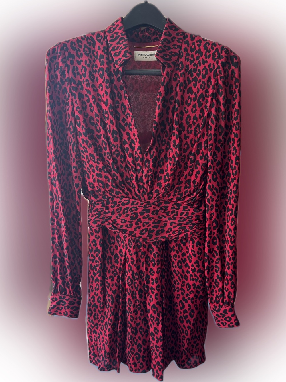 Saint Laurent Red and Black Leopard-Print Long-Sleeve Mini Dress